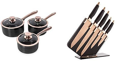 Tower T800001RB Saucepan Set, Aluminium, Black and Rose Gold & Kitchen Knife Set with Acrylic Knife Block, Damascus Effect, Stainless Steel Blades, Rose Gold and Black, 5 Pieces