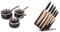 Tower T800001RB Saucepan Set, Aluminium, Black and Rose Gold & Kitchen Knife Set with Acrylic Knife Block, Damascus Effect, Stainless Steel Blades, Rose Gold and Black, 5 Pieces