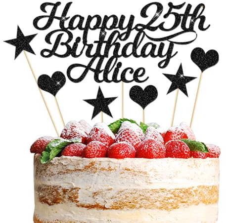 Happy Birthday Cake Topper Personalised 3 Star 3 Heart Customised Any Name Party Cake Decoration Gift Card 1st 18th 21st 30th 45th 60th 80th 100th for Girl Boy Mom Dad Grandparent (Black)
