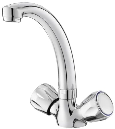 BATHWEST Rubinetto compatto per lavello da cucina, doppio pomello, girevole a 360°, in ottone massiccio cromato, rubinetto moderno 1027