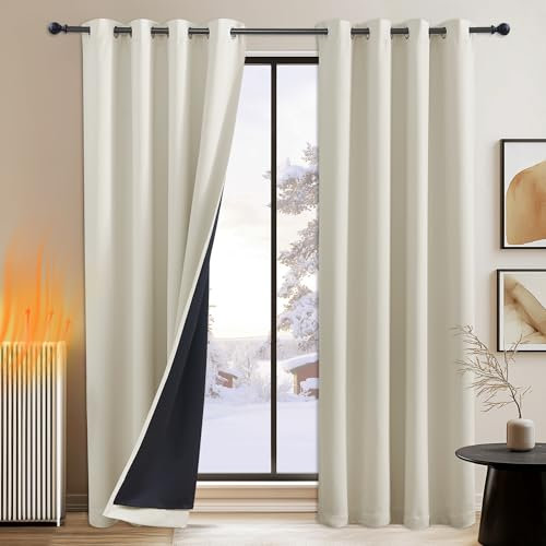 PONY DANCE Thermogardinen mit Ösen Vorhang Beige Blickdicht 2er Set H 200 x B 140 cm Blackout Curtains for Bedroom Verdunkelungsvorhang Doppellagige und Schwere Vorhänge Hitzeschutz, Hellbeige