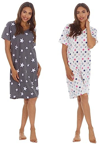 INSIGNIA Womens Pack of 2 Short Sleeved Cotton Blend Jersey Nightshirts (20-22, Cream & Grey Stars)