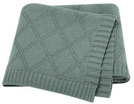 Hadetoto 100% Cotton Baby Blanket for Girls Boys - Dark Green | Soft Crochet Knit, Newborn Essentials Gifts, Lightweight, Nursery Bedding