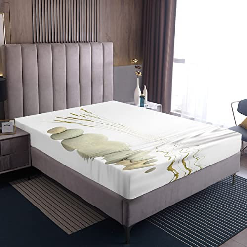 Loussiesd Zen Stein Bettlaken Ruhige Natur Kunstwerk Spannbetttuch 140x200cm für Kinder Jungen Mädchen Kinder Einfachheit Spannbettlaken Ultra Weißh Mikrofaser Entspannen Sie Sich Weiß