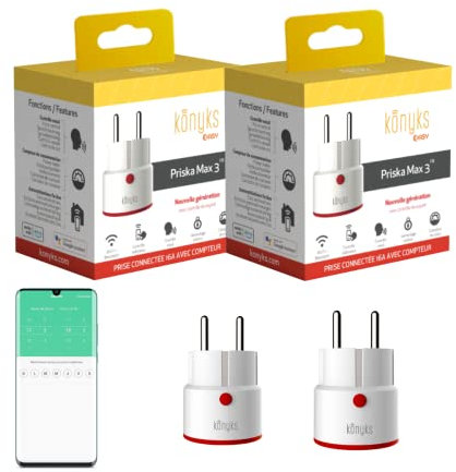 Prises connectées Konyks Priska MAX 3 FR DUAL PACK - WiFi+BT, Fonctions avancées, 16A, compteur de consommation, compatible Alexa, Google Home & Tuya, lot de 2