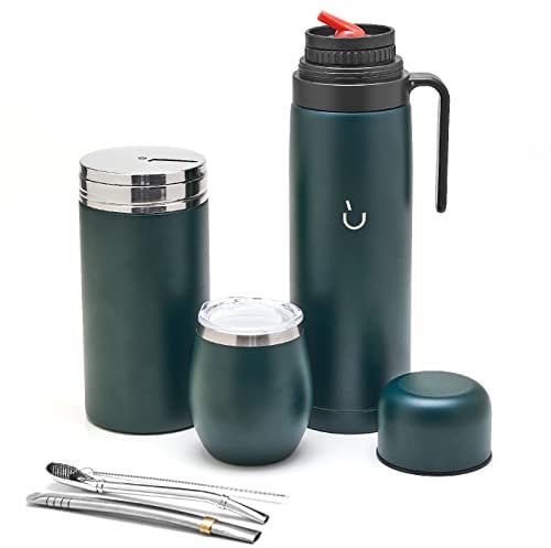 BALIBETOV Kit de Mate Argentino - Calabaza Mate Moderna, Termo Mate, Contenedor para Yerba Mate (Yerbero), Bombilla (Sorbete) y Cepillo de limpieza - Acero inoxidable 304 18/8 (Verde)
