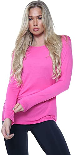 ActiveMark® - Camiseta de manga larga para mujer, cuello redondo, lisa, elástica, casual, para verano, básica, ajustada, tallas 36-54, fucsia, 40-42