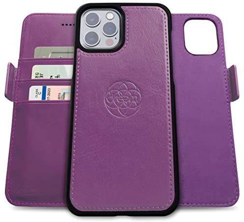 Dreem Fibonacci 2in1 Handyhülle Flipcase für iPhone 12 & 12 Pro | Magnetisches iPhone Case | TPU Etui Lederhülle Schutzhülle, RFID Schutz, Veganes Kunstleder, Geschenkbox | Lila