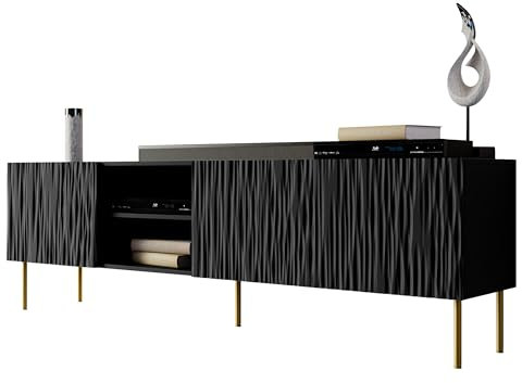 Mirjan24 TV Lowboard 190 Jaseb mit 6 Fächer und 4 Türen, Fernsehschrank mit Griffloses Öffnungssystem, Fernsehtisch Unterschrank TV Schrank (Schwarz)