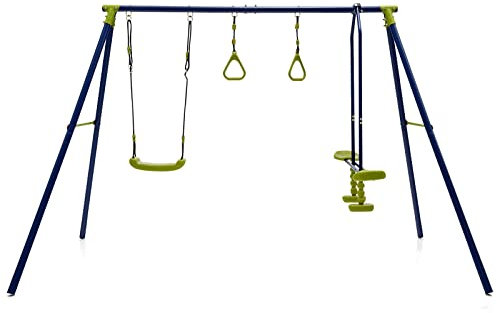 RELAX4LIFE Set di Altalena per Bambini da Esterno 3 in 1, in Metallo con 1 Faccia a Faccia, 2 Anelli da Ginnastica, Regolabile, 4 Picchetti da Terra, per Bambini 3-10 Anni