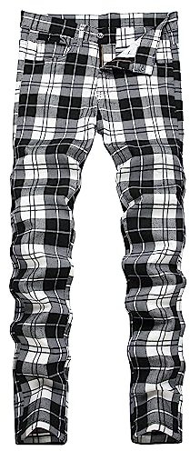 TENGINE Pantalon chino à carreaux pour homme, coupe ajustée, coupe ajustée, robe de golf, affaires, pantalon décontracté, Plaid noir et blanc., 50