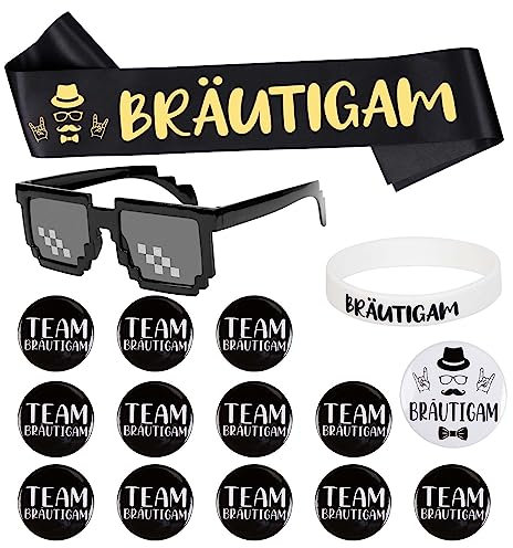 TGFIX 15 Stück Bräutigam Button Schärpe Set Groom Satin Schärpe Schwarz JGA Deko Männer Accessoires mit Pixelig Mosaik Brille Abzeichen Armbänder für Junggesellenabschiede Verlobungen Hochzeiten