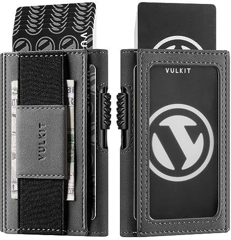 VULKIT Slim Card Holder for Max. 8 Cards with Pop-Up Credit Card Ejector RFID Blocking, ID Window and Elastic Strap for Bills or Keyring, Gift Box Packed, Grey