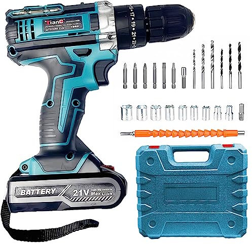 Cordless Drill, 21V Electric Drill Screwdriver Kit with 25+1 Torque, 2 Speed with 2 Batteries 2.0Ah, Combi for Home and Garden DIY Project (Blue)