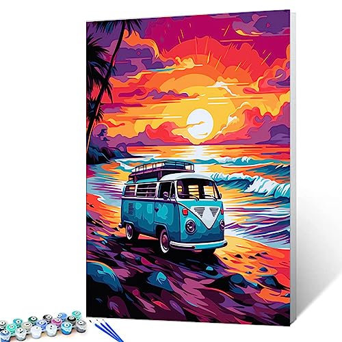 Malen nach Zahlen für Erwachsene und Anfänger, ein buntes VW-Bus-Strand-Ölgemälde-Set auf Leinwand mit Pinseln und Acrylpigmenten, lebendiger Sonnenuntergang, moderner Stil, Bild für Heimdekoration,