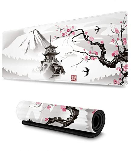 Donboly Gaming Mouse Pad Japanese Pagoda and Cherry Blossom Branch Oversized Mouse Pad, Extended Large Mouse Mat Desk Pad, Stitched Edges Long Non-Slip Rubber Base Mouse Pad (80x30cm, Sakura)