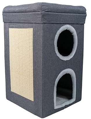 CStern Cueva Plegable para Gatos,Casita para Gatos Interior,Casa para Gatos 3 Pisos,Cama Grande para Gatos con Tabla Rascar,Cueva para Gatos con Forma Cubo,Barril Rascador Gatos de Gran Espacio,Gris