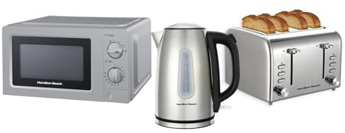 Hamilton Beach Kettle Toaster Microwave Set, Electric Kettle, Toaster 4 Slice, Microwave, Kettle & Toaster Set, Rise, 1.7L Kettle, Wide Slot Toaster, 700W Microwave, Polished, Stainless Steel - HBKTMP