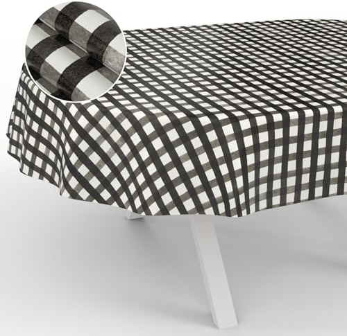 ANRO Nappe en Toile cirée, Lavable, pour Table de Jardin, extérieur, intérieur, Ovale, Bord coupé, à Carreaux, Noire, 180 x 140 cm