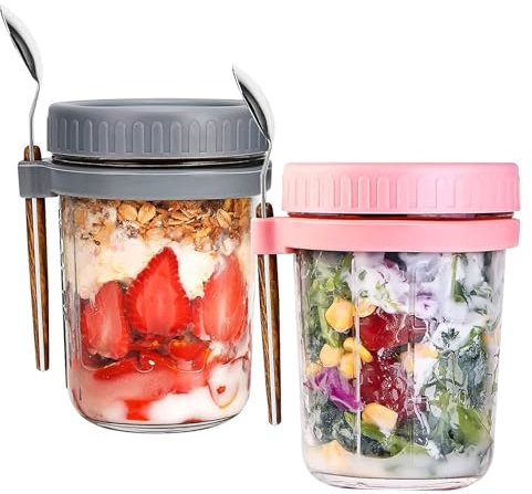 Bocguy 2er Set 400ml Overnight Oats Gläser, Glas Müslibecher to go mit Löffel und Deckel, Overnight Oats Behälter Joghurtbecher to go für Müsli Jogurt Porridge Milch Früchte, Grau und Rosa