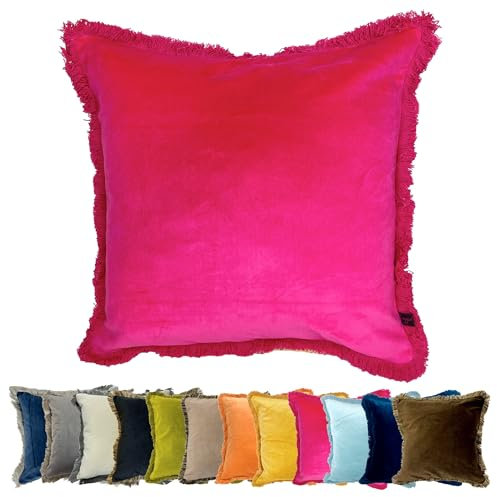 Ragged Rose Felicity Fringe Velvet Cushion Cover - 50cm x 50cm Covers with Zip-Fastening - Living Room & Bedroom Accessories - Fuchsia Pink