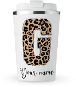 MAXIKIWI - Personalised Insulated Double Walled, Leakproof Stainless Steel Mug, Coffee or Tea Travel Tumbler with Lid, Keep Drinks Hot and Cold - Chenille Leopard- 350ml