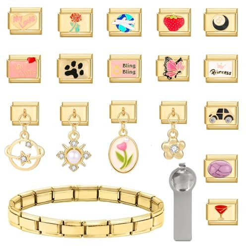 Italienisches Charm Armband Set Gold-color 9 mm, 19PCS Titanium Stahl DIY abnehmbares Modul, Geschenk für Mama und Freundinnen, Armband mit italienischen Stil Charms für Frauen