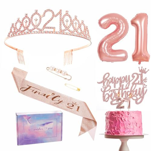 Rose Gold 21st Birthday Decorations for Her - Sash, Tiara Set, Crown, Cake Topper, Number 21 Foil Balloons, Candles - Party Supplies and Gifts for Girls