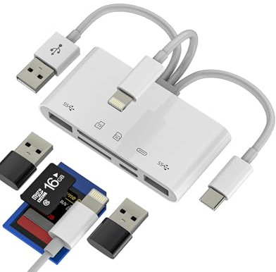 Adattatore USB C Lightning USB(5in1) OTG 3.0 Cavo Lettore Schede SD Per Apple IPhone 15 14 Micro SD Scheda Card Reader TF Memoria Chiavetta Per iPad PC Adapter Camera Memory Compatibile Per Samsung