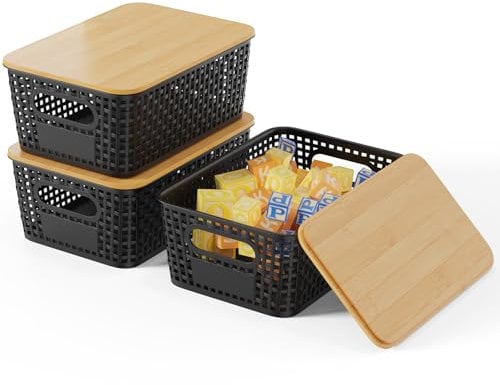 Shrivee 3er-Set Aufbewahrungsbox mit Bambus Deckel, 5L Aufbewahrungskorb, Kunststoff Korb Aufbewahrung, Küchen Aufbewahrungsboxen für Regale, Schränke, Schränke und Zuhause (Schwarz)