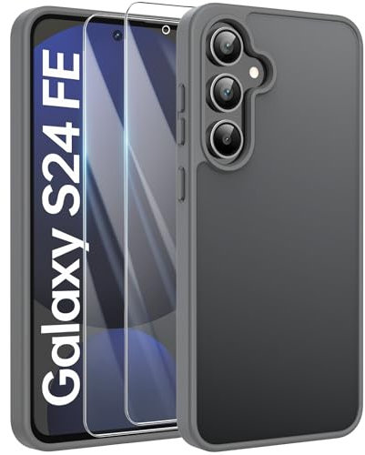 FLLAO Mat Compatible avec Samsung Galaxy S24 FE 5G et 2 Pièces Verre Trempé, Protection Antichoc Qualité Militaire, Anti-Empreintes étui de Housse Arrière Translucide Givrée. (Gris)