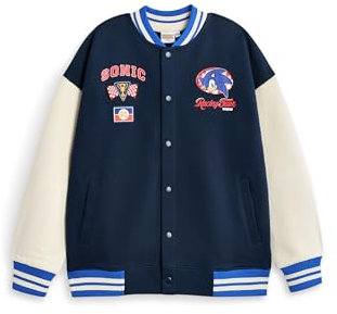 Sonic The Hedgehog Boys Bomber Jacket | Kids Sonic Racing Team Varsity Jacket in Blue | Childrens Sonic Character Checkered Flag Graphic Zipped Baseball Jacket | Sega Retro Video Game Merchandise Gift