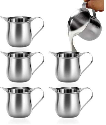Hniuyun 6 Pcs Small Creamer Pitcher, 90ml/3oz Stainless Steel Milk Jug, Bell Creamers with Pouring Spout and Handle for Coffee, Milk, Cream, Salad Dressing, Maple Syrup