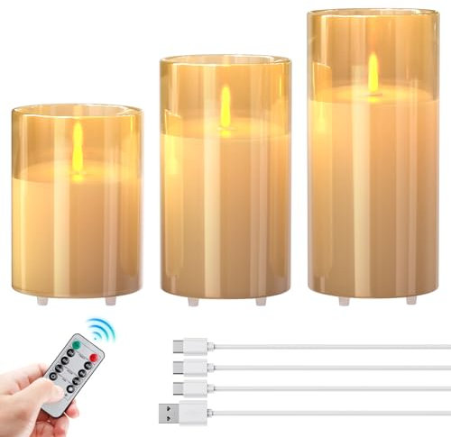 EXTSUD 3 Stück LED Kerzen Timer Aufladbare LED Kerzen mit Fernbedienung Flammenlose Led Kerzen für Wohnung Dekoration Weihnachten Geburtstag