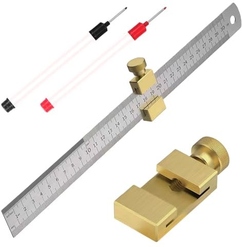 LEKEFETO 300mm Messing Stahl Lineal mit Metallanschlag: Streichmaß Edelstahl Anschlaglineal, Linealanschlag Streichmass, Kombinationswinkel Zimmermannswinkel, für Holzbearbeitung, Heimwerken, Handwerk
