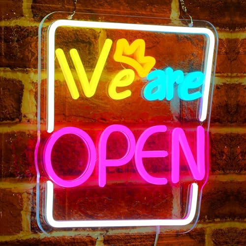 Rdutuok LED Offenes Schild We are Open 30,5x30 cm Beleuchtetes Open Schild mit LED & USB Offenes Neon Leuchtschild für Bar, Café, Laden, Club