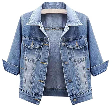 Womens Denim Jackets Uk Clearance, Cropped Denim Jacket Women UK 3/4 Sleeve Casual Jean Jacket Basic Lapel Button Down Short Coat Gifts for Her,Light blue,M,U474K