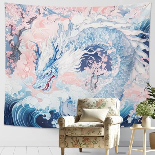 Blauer Drachen-Wandteppich, Kirschblüten, floraler Wandbehang, asiatischer Stil, ästhetisch für Wohnzimmer, Schlafzimmer, Wohnheim, Heimdekoration, gemütliche Dekoration, 203 x 152 cm