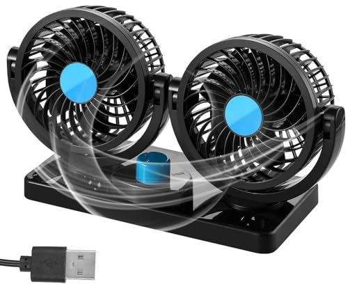 KQWVZ Ventilador Para Automóvil Eléctrico, Ventilador De Coche, 2 Velocidades, Ventilador Coche Doble Cabeza USB de 360 Grados, Poco Ruido, Ventilador Para Coch para SUV, RV, Camión, VAN