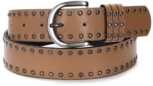 SUOSDEY Damen Nietengürtel für Jeans Hosen Kleider, Ledergürtel mit silberner Schnalle 3.8 cm breit braun