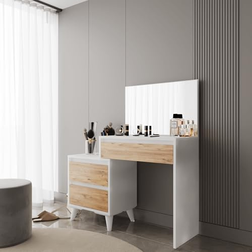 Smart Home Art Contextual Venus Make-up Tisch mit Großem Spiegel & Viel Stauraum - Eleganter Frisiertisch mit 3 Breiten Schubladen - Skandinavisches Design in Weiß & Eiche Optik