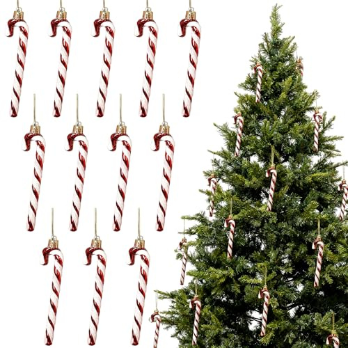 12 Pcs Candy Cane Christmas Decorations, Red Christmas Tree Decorations, Red and White Twisted Plastic Candy Cane Xmas Tree Hanging Ornament, New Years Holiday Party Decor Party Gift