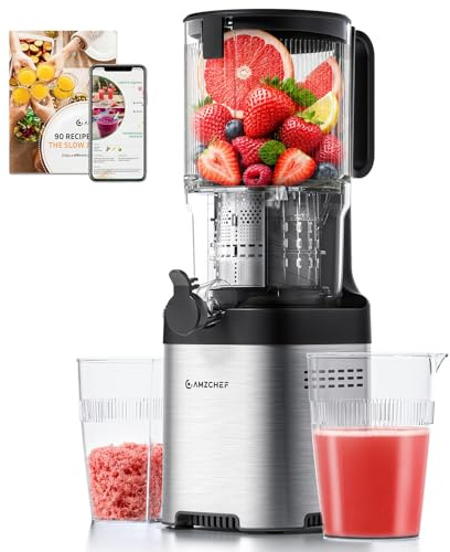 AMZCHEF Entsafter - Slow Juicer mit 135 mm großem Einfüllschacht für ganzes Obst und Gemüse - Leicht zu Reinigen mit 2 Gläsern - Silber