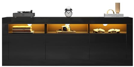Azkoeesy 160 cm Hochglanz TV-Schrank mit LED-Beleuchtung und App, Modernes TV-Board, Lowboard, Fernsehtisch, TV-Kommode, für Wohnzimmer, Press to Open - 2 Schubladen und Türen, schwarz