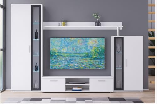 Agritrade AK Bentley Modern TV Entertainment Unit, Black Glass Finish, with or without LED Lights (With LED, White)