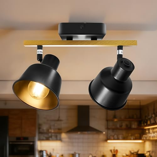 Aulaiyi Deckenstrahler 2 Flammig, Schwenkbar 350°, Vintage Deckenlampe LED Deckenleuchte, E14 Fassung Industrial Holzmaserung light für Küche, Wohnzimmer, Schlafzimmer, Schwarz (Ohne Leuchtmittel)