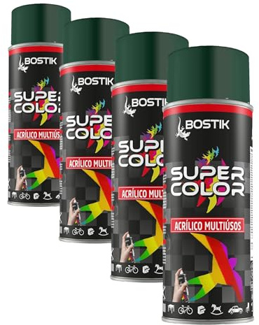 Bostik SUPER COLOR VERDE MUSGO RAL 6005, Pintura en Spray Acrílica para Uso Profesional y Doméstico, Multiusos, Secado Rápido, Acabado Brillante, Interior y Exterior, Bote 400 ml (Paquete de 4)