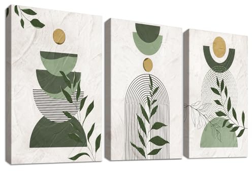 Set of 3 Boho Salbeigrün Leinwand Bilder Mit Rahmen Bohemian Beige Grüne Blätter Bild auf Leinwand Malerei Geometrische Sonne und Mond Wandbilder Wohnzimmer Schlafzimmer Wanddeko 30x40cm x 3pcs
