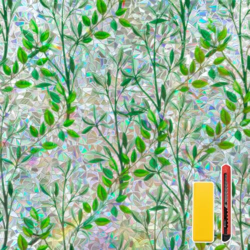 Niviy Fensterfolie Blickdicht 3D Regenbogen Effekt mit Grasmotiv, Statisch Haftend ohne Kleber, UV-Schutz Sonnenschutz Dekofolie für Küche Wohnzimmer Büro 44,5 x 200 cm