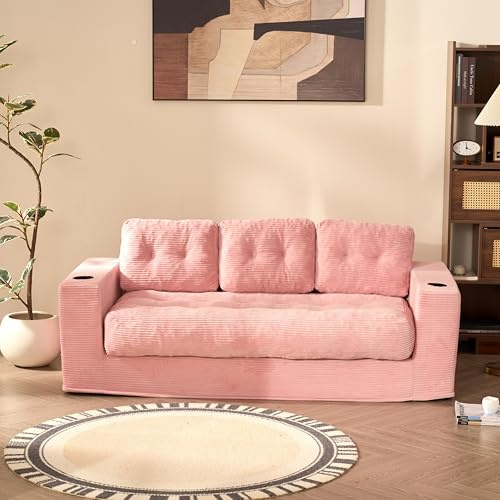 Litbird Divano da Pavimento 190 cm 3 Posti, Sofà Modulare in Velluto a Coste con Schienale, Divano per Cameretta, Studenti e Piccoli Spazi, con Cuscini e Portabicchieri (Rosa)